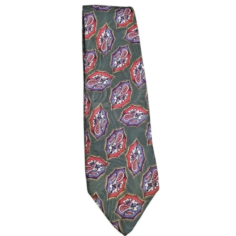 Christopher Hayes‎ Vintage 100% Silk Tie Paisley Pattern Green Red Purple USA